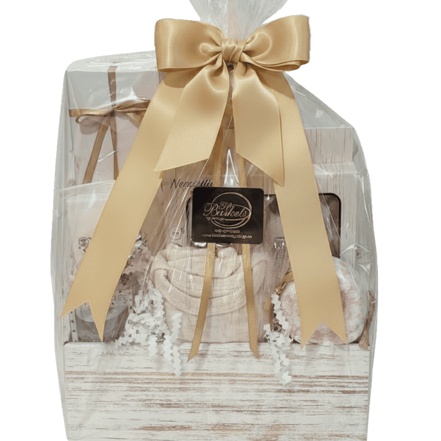 Little Beginnings neutral baby gift basket with clothing, baby essentials and keepsake in a white ladder box with champagne satin ribbon