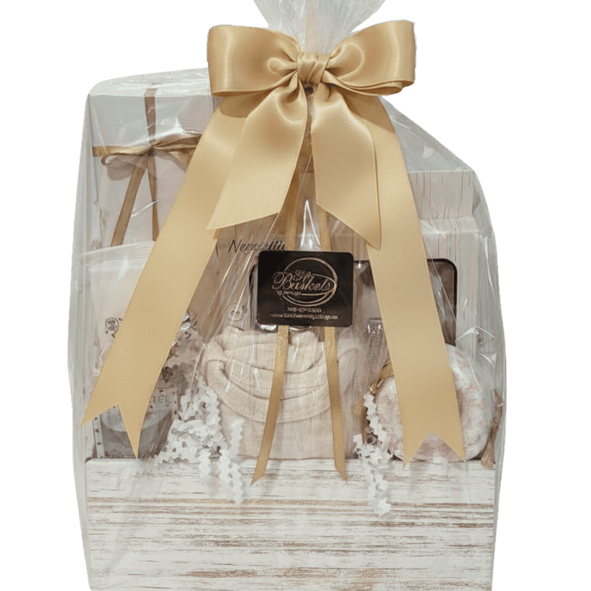 Little Beginnings neutral baby gift basket with clothing, baby essentials and keepsake in a white ladder box with champagne satin ribbon