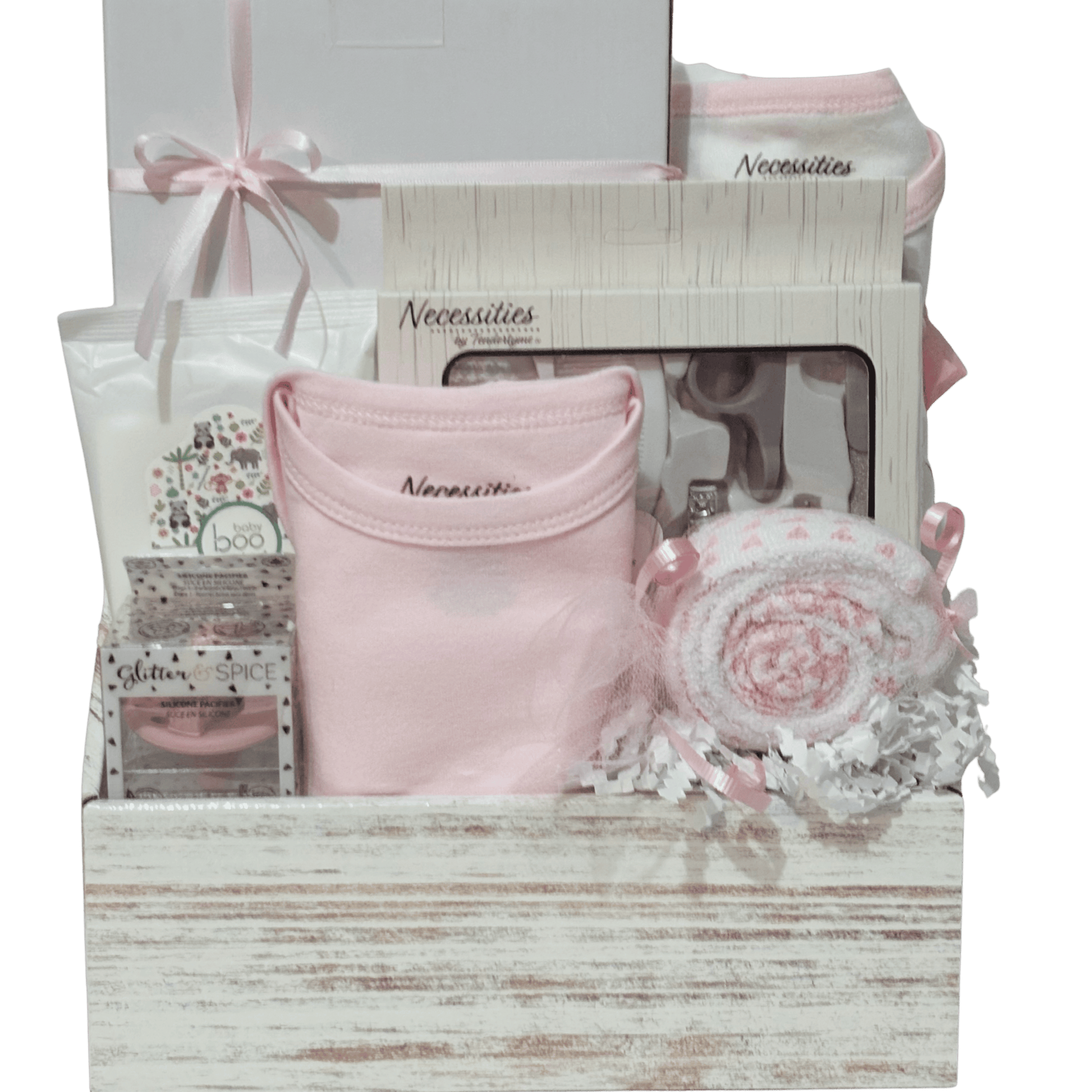 Little Beginnings pink baby gift basket with sleeper, bodysuit, grooming essentials, pacifier, washcloths and keepsake in a white ladder box