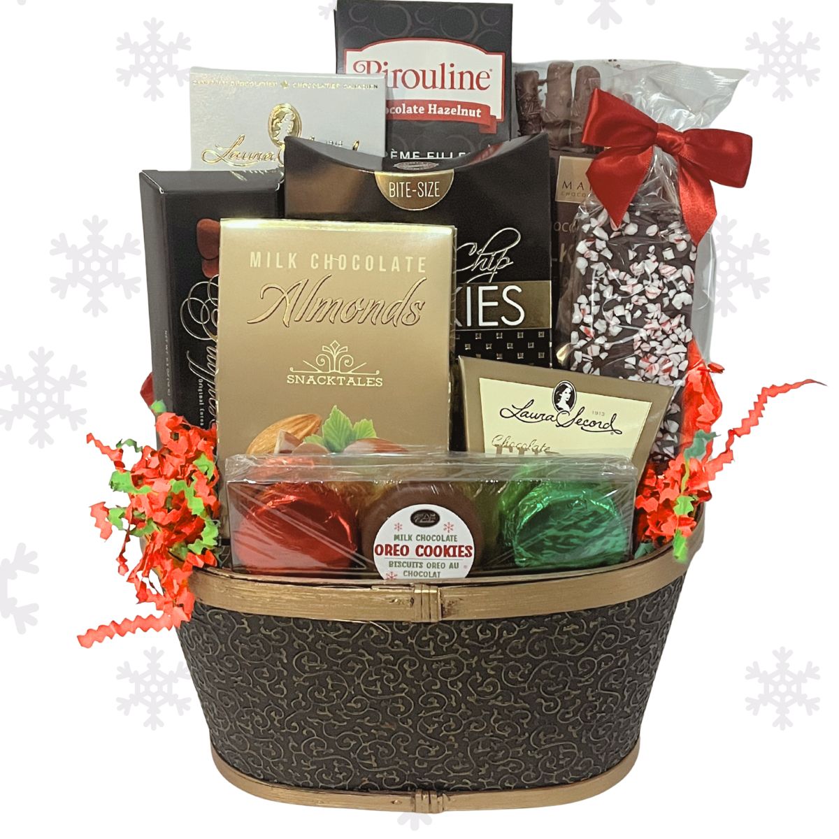 Holiday themed gift basket with various chocolate items including almonds, fudge, and truffles on a white background.