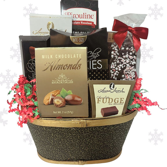 Chocolate gift basket with various chocolate items and a red bow on a white background
