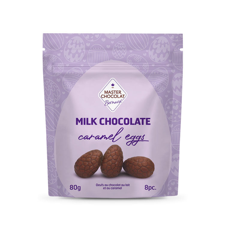 Smooth milk chocolate caramel-filled Easter eggs by Master Chocolat, wrapped in cheerful packaging for Easter gifting.