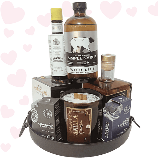 Old Fashioned Love Valentine’s Day whiskey gift featuring Glencairn glass, Calgary-made bourbon, bitters, and optional spa add-ons
