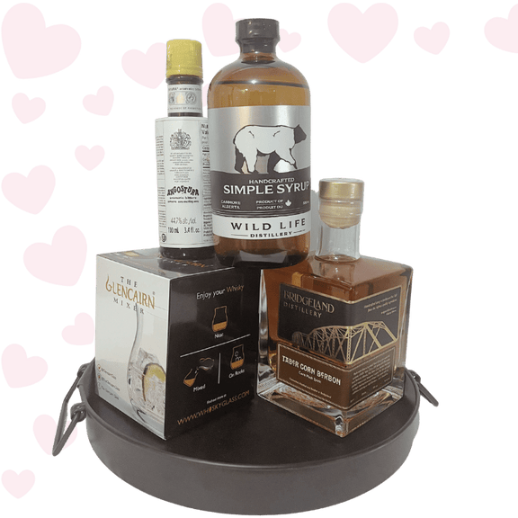 Old Fashioned Love Valentine’s Day whiskey gift featuring Glencairn glass, Calgary-made bourbon, bitters, and optional spa or chocolate add-ons