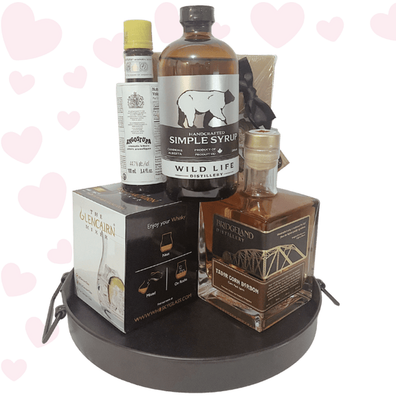 Old Fashioned Love Valentine’s Day whiskey gift featuring Glencairn glass, Calgary-made bourbon, bitters.
