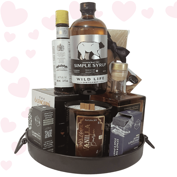 Old Fashioned Love Valentine’s Day whiskey gift featuring Glencairn glass, Calgary-made bourbon, bitters, and spa & chocolate add-ons
