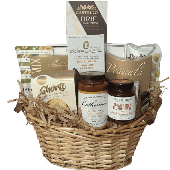 Elegant sympathy gift basket featuring gourmet chocolates, shortbread cookies, brie cheese, antipasto, premium snacks, and coffee, presented in a neutral and comforting style