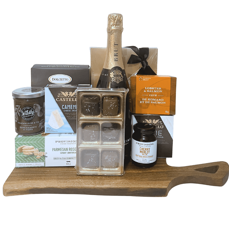Perfect Wine Pairings Gift Basket with champagne, gourmet cheeses, artisan crackers, and chocolates, available for local delivery in Calgary and surrounding areas
