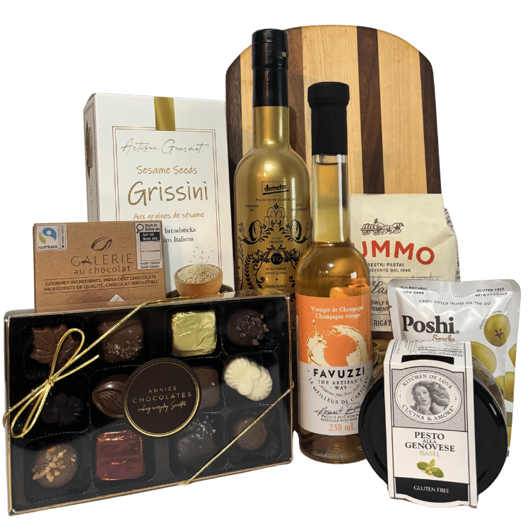 Rustic Elegance Elite artisan pantry gift with handcrafted serving board, premium pantry foods and chocolates, handcrafted in Calgary.