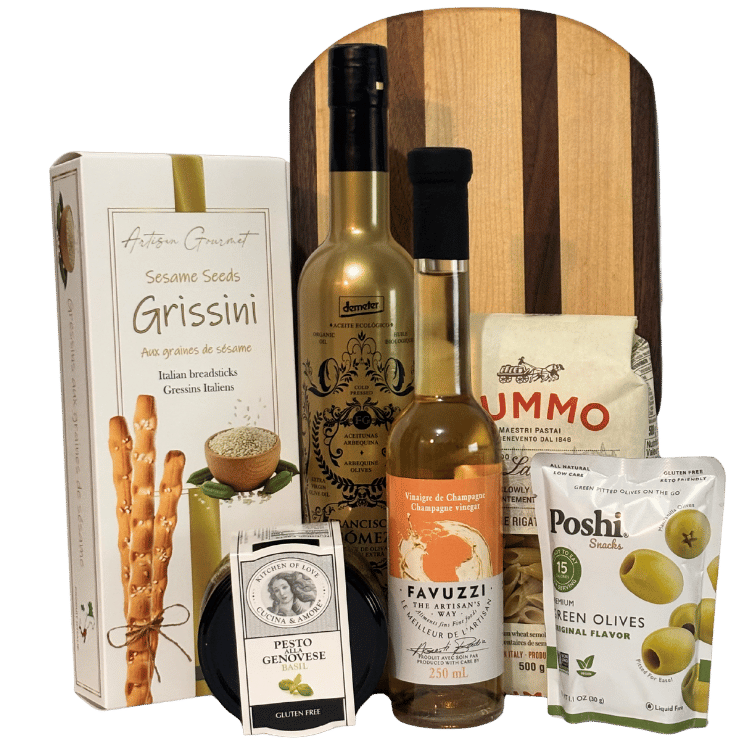 Rustic Elegance Premium artisan pantry gift with handcrafted serving board, olive oil, pasta, pesto, vinegar, olives and breadsticks.