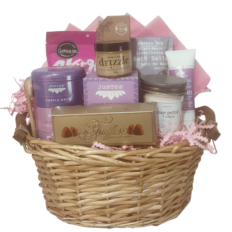 Steep and Soak spa gift basket, premium sized with tea, bath soak, candle and chocolates arranged for self care, birthdays and Mother’s Day.