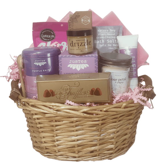 Steep and Soak spa gift basket, premium sized with tea, bath soak, candle and chocolates arranged for self care, birthdays and Mother’s Day.