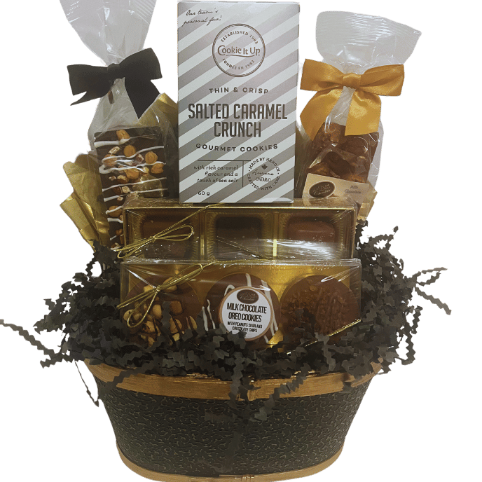 Chocolate gift assortment featuring a Boardwalk Crunch Bar, Dark Pecan Bar, Sea Salted Caramel Gift Box, Milk Chocolate Covered Oreos, and Naturally Made Chocolate Shortbread Cookies, beautifully wrapped in customizable packaging.