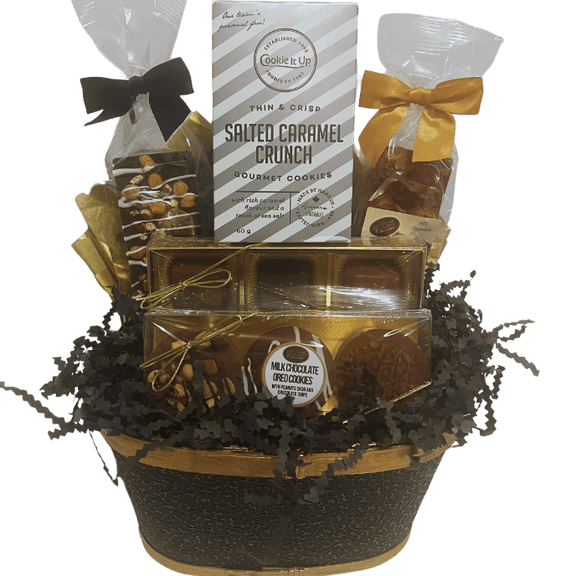 Chocolate gift assortment featuring a Boardwalk Crunch Bar, Dark Pecan Bar, Sea Salted Caramel Gift Box, Milk Chocolate Covered Oreos, and Naturally Made Chocolate Shortbread Cookies, beautifully wrapped in customizable packaging.