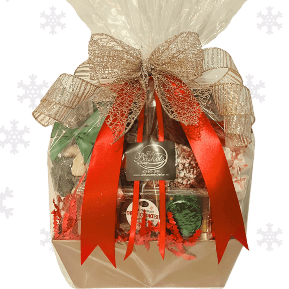 Holiday Gift basket with red ribbons and a decorative bow on a green background with snowflake patterns.