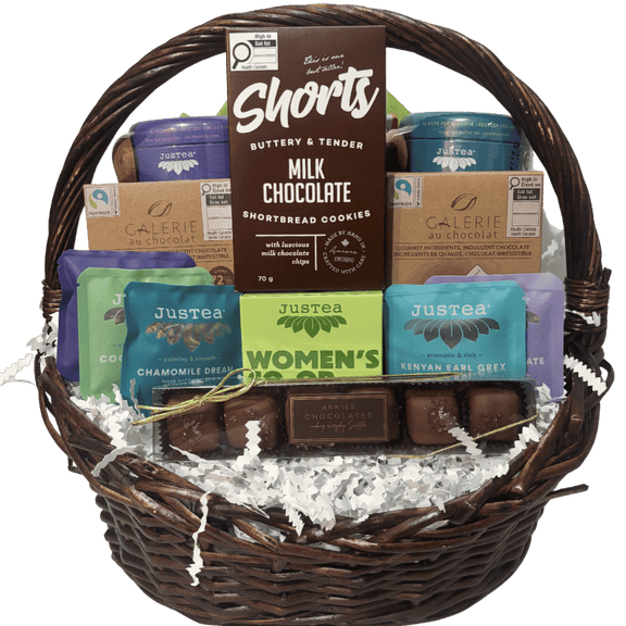 The Artisan Tea Collection featuring award-winning JusTea organic farmer-direct teas, Davidson's Organics tea, gourmet chocolates, premium shortbread, and elegant gift packaging by Gift Baskets By Design.