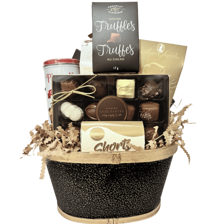 An elegant chocolate gift basket filled with premium boxed chocolates, gourmet truffles, chocolate wafers, buttery shortbread, handcrafted fudge, almond butter crunch, beautifully displaying contents unwrapped.