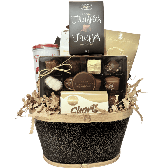 An elegant chocolate gift basket filled with premium boxed chocolates, gourmet truffles, chocolate wafers, buttery shortbread, handcrafted fudge, almond butter crunch, beautifully displaying contents unwrapped.