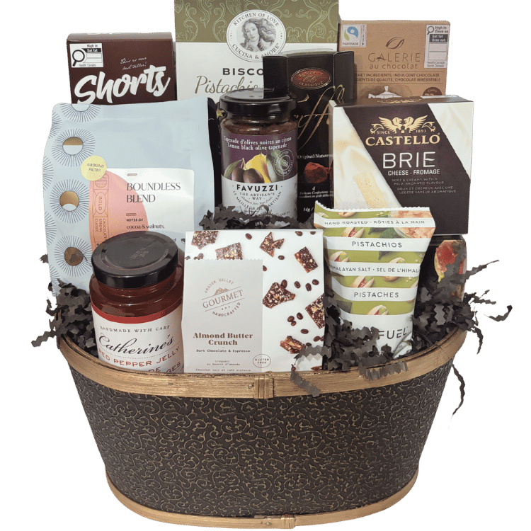 The Coffeehouse Gourmet Collection with Canmore-roasted coffee, chocolates, Brie and savoury gourmet treats in a black and gold basket