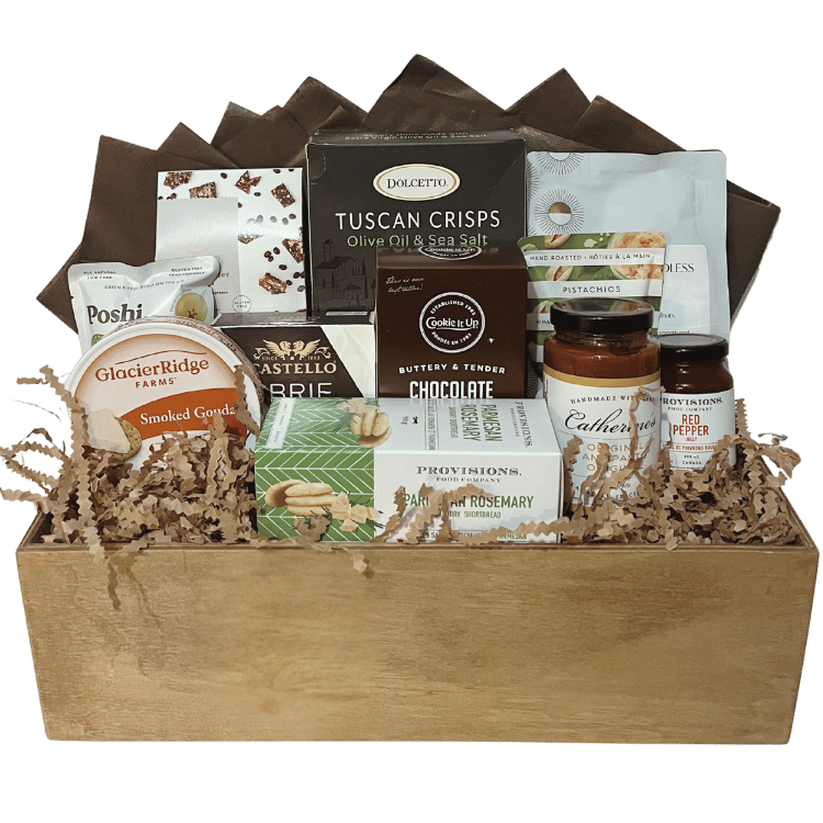 Calgary gourmet gift crate in a locally made wooden box, filled with artisan cheeses, crackers, chocolates, nuts, and Canadian-made gourmet treats