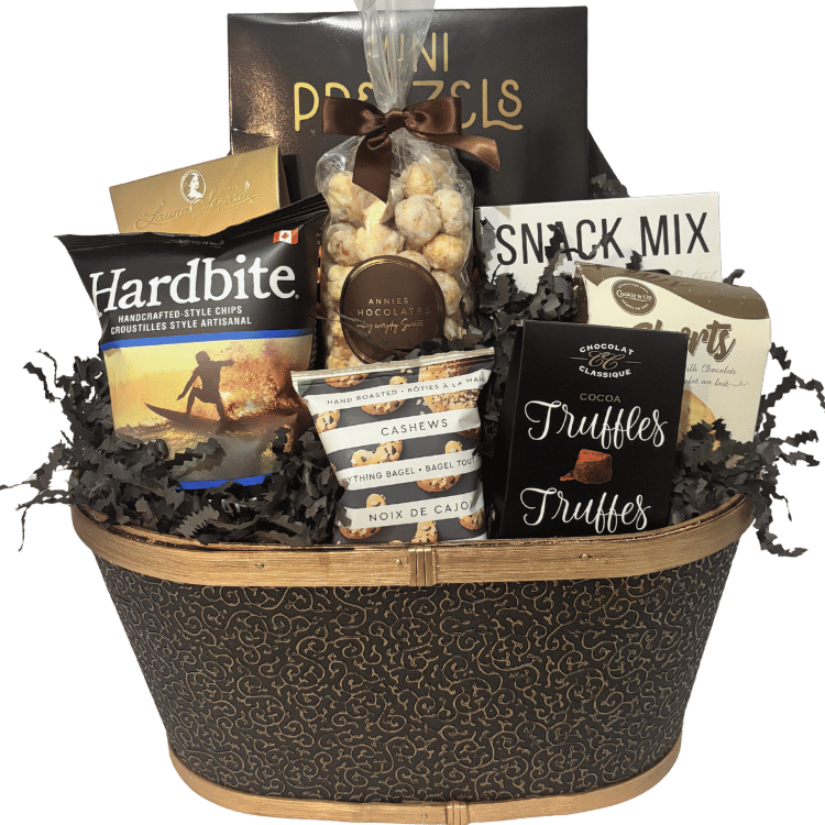The Gourmet Snacker Gift Basket filled with sweet and savoury snacks for offices, clients, and teams in Calgary