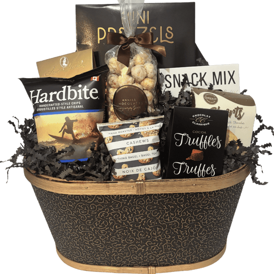The Gourmet Snacker Gift Basket filled with sweet and savoury snacks for offices, clients, and teams in Calgary