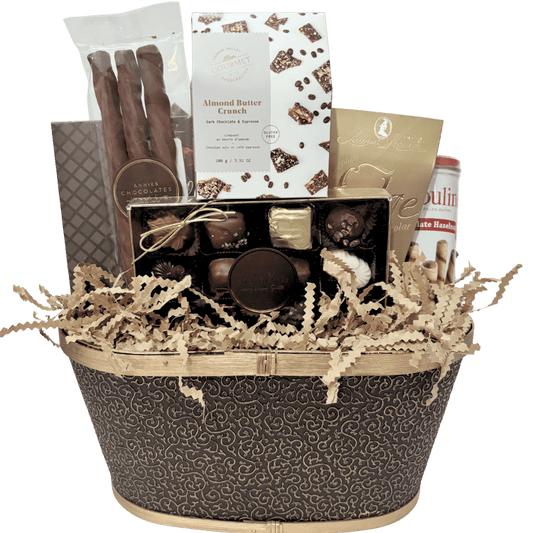 The Chocolate Lover’s Gift Basket filled with premium chocolates, truffles, shortbread, and gourmet treats in Calgary