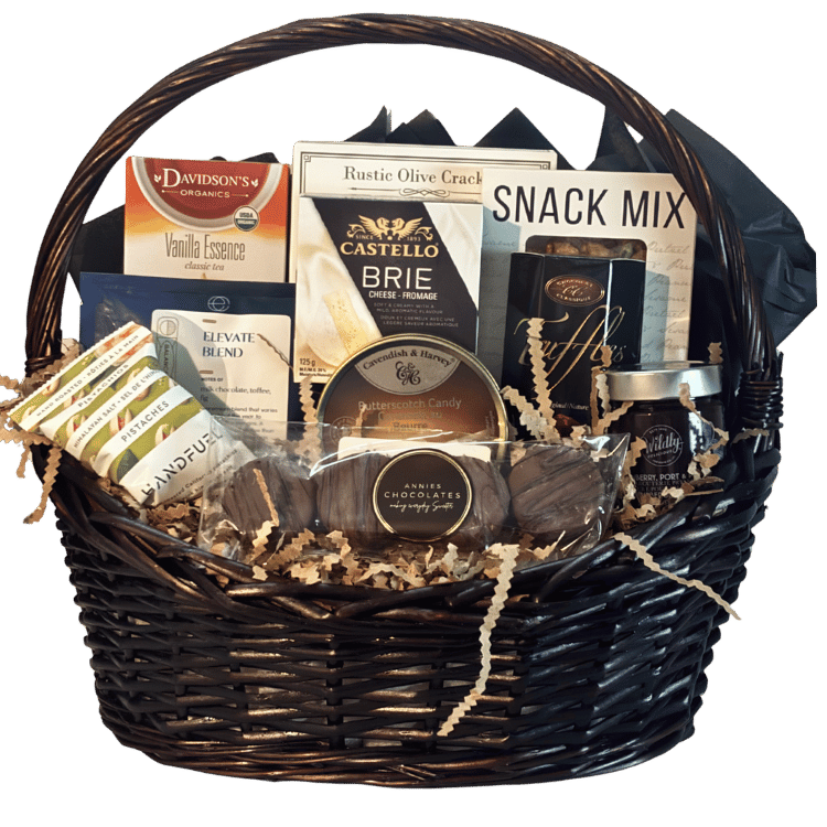 Gourmet Feast gourmet gift basket with artisan cheese, crackers, specialty coffee, tea, chocolates and savoury snacks, hand wrapped in Calgary.
