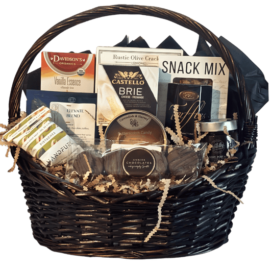 Gourmet Feast gourmet gift basket with artisan cheese, crackers, specialty coffee, tea, chocolates and savoury snacks, hand wrapped in Calgary.