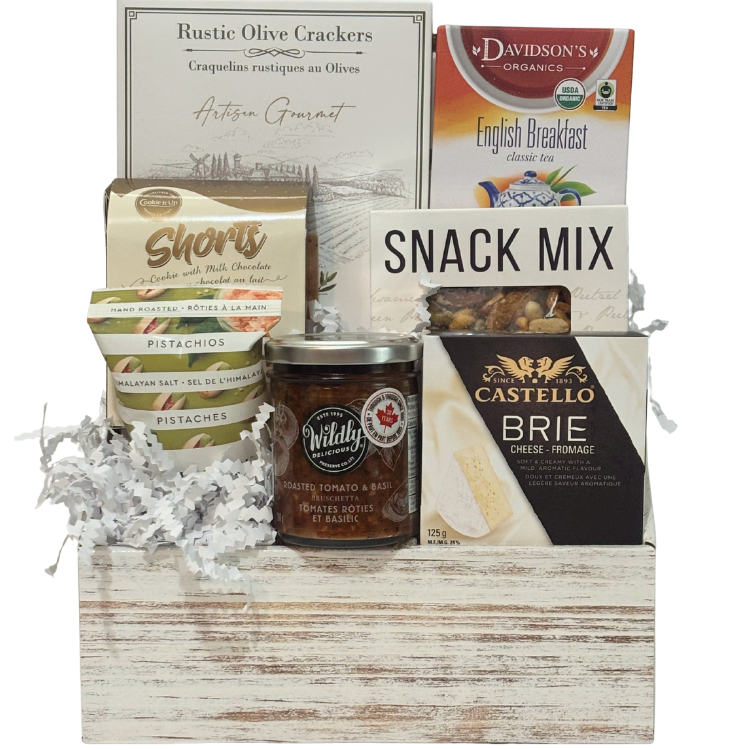 Thinking of You condolence gourmet gift basket with cheese, crackers, tea and snacks in a white wooden box in Calgary