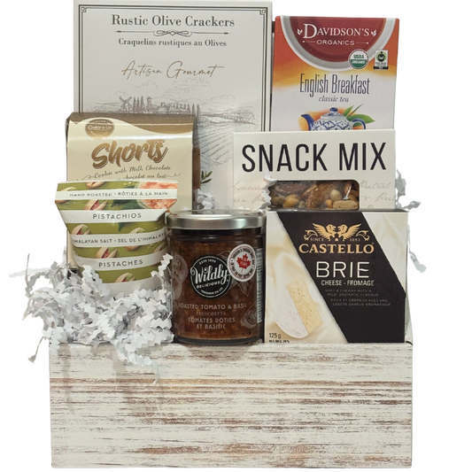 Thinking of You condolence gourmet gift basket with cheese, crackers, tea and snacks in a white wooden box in Calgary