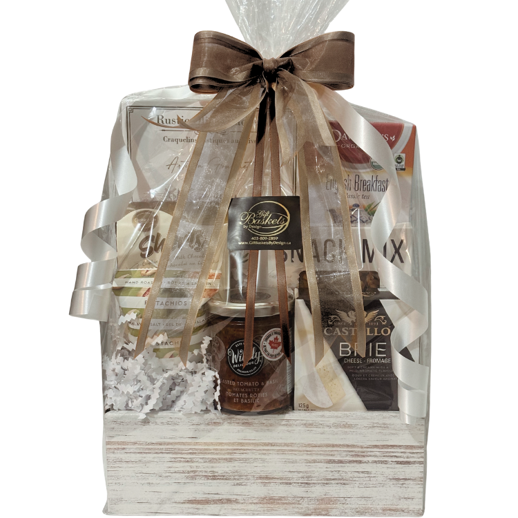Thinking of You sympathy gourmet gift basket with cheese, crackers, tea and snacks in a white distressed ladder box in Calgary