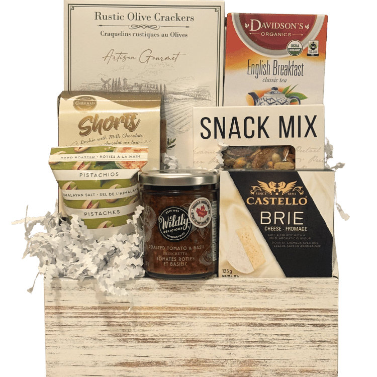 Thinking of You condolence gourmet gift basket with cheese, crackers, tea and snacks in a white wooden box in Calgary