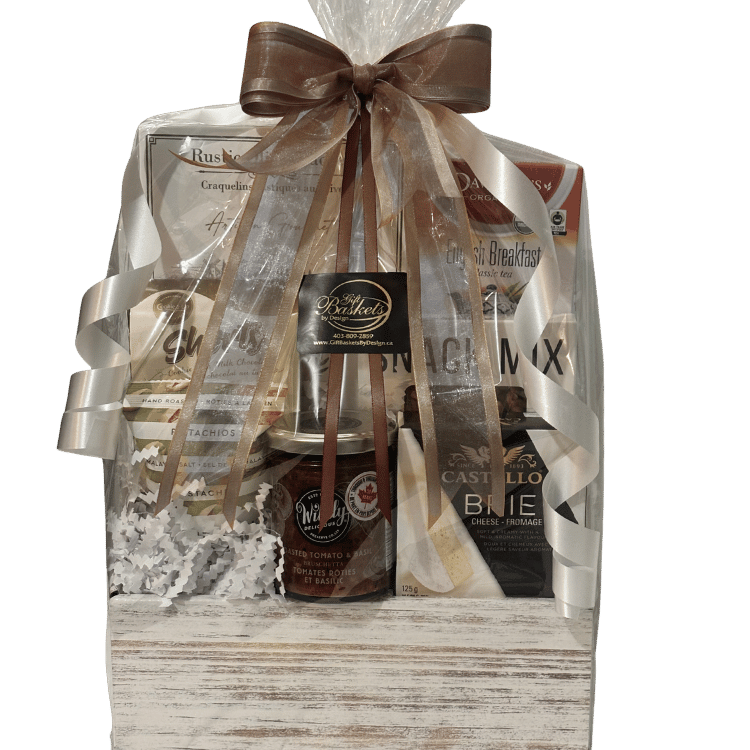 Thinking of You sympathy gourmet gift basket with cheese, crackers, tea and snacks in a white distressed ladder box in Calgary