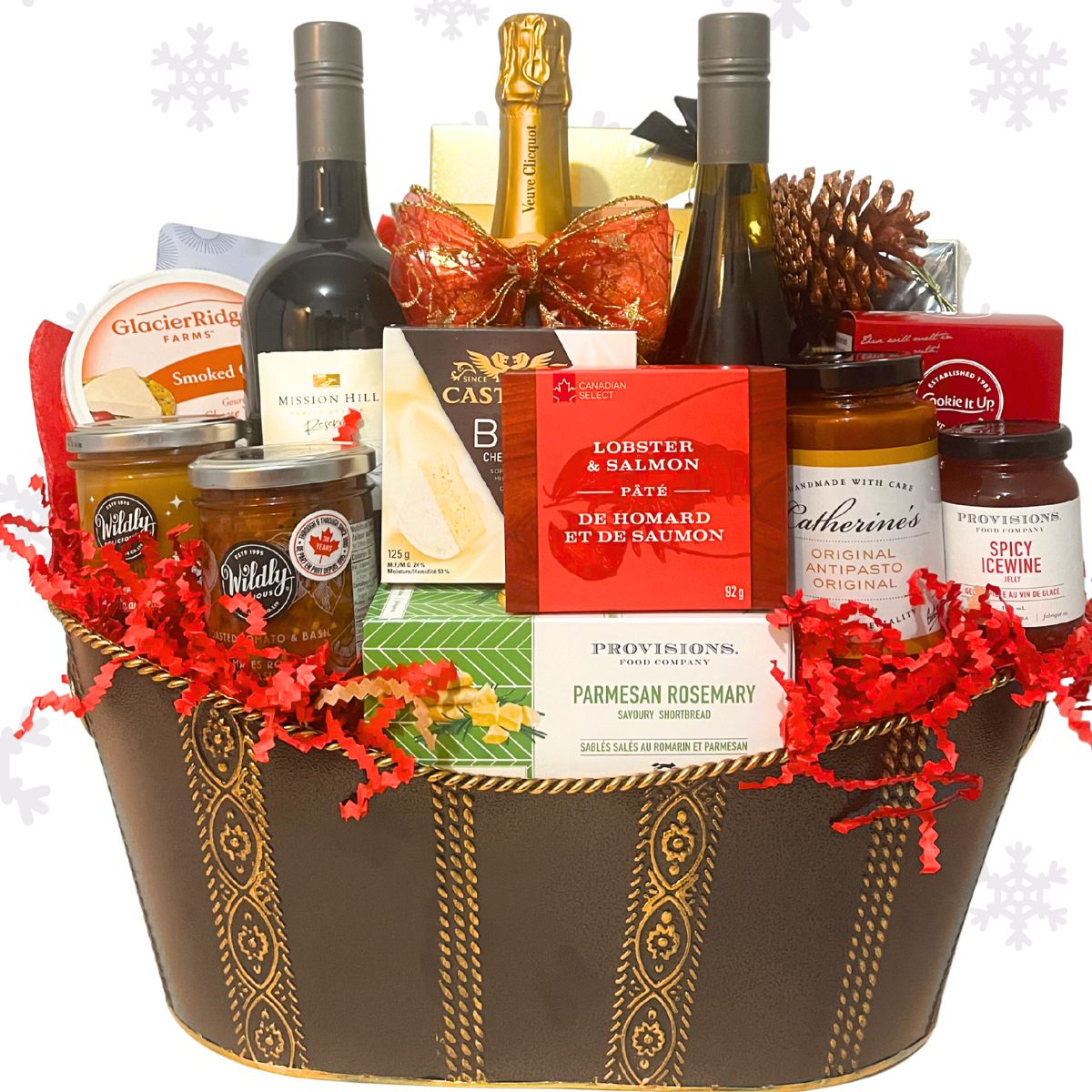 Luxury holiday gift basket featuring premium champagne, red and white wines, assorted gourmet chocolates, smoked salmon, cookies, and specialty coffee, beautifully arranged in a decorative black and gold basket, styled on a white snowflake background.