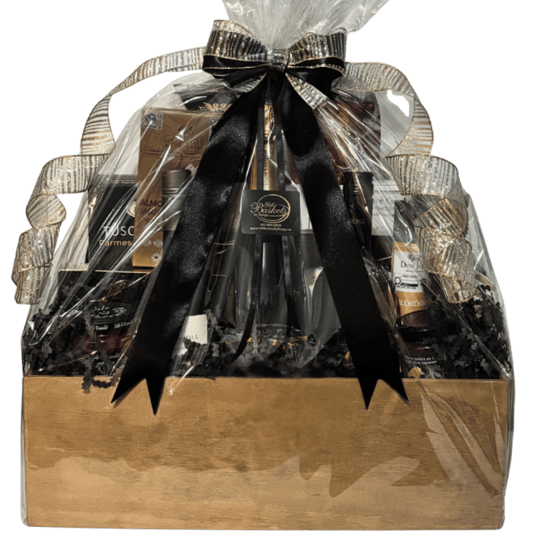Ultimate Indulgence luxury wine gift basket with three premium wines, artisan cheese, charcuterie, chocolates and gourmet foods, handcrafted in Calgary.