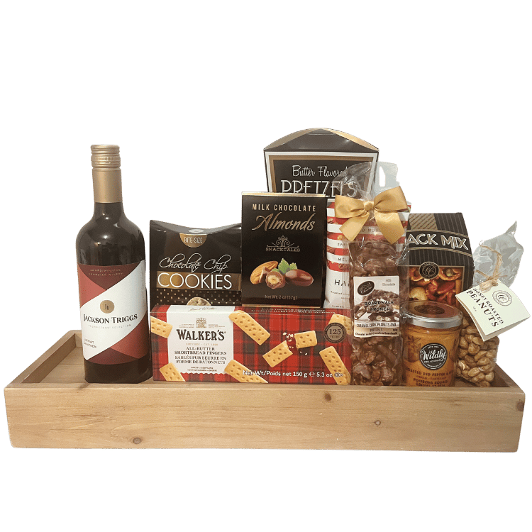 Wine & Gourmet Entertainer Board with wine, cheeses, salmon, spreads, nuts, chocolates, and gourmet treats, displayed on a keepsake wine glass shelf board.