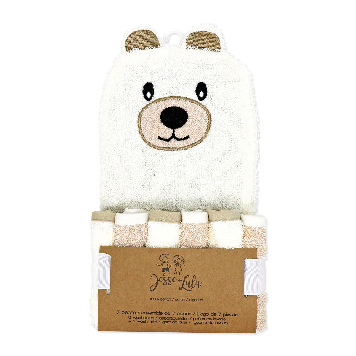 Ivory Bear baby bath mitt and washcloth set in gift packaging — features cozy ivory bear mitt and six cream washcloths.