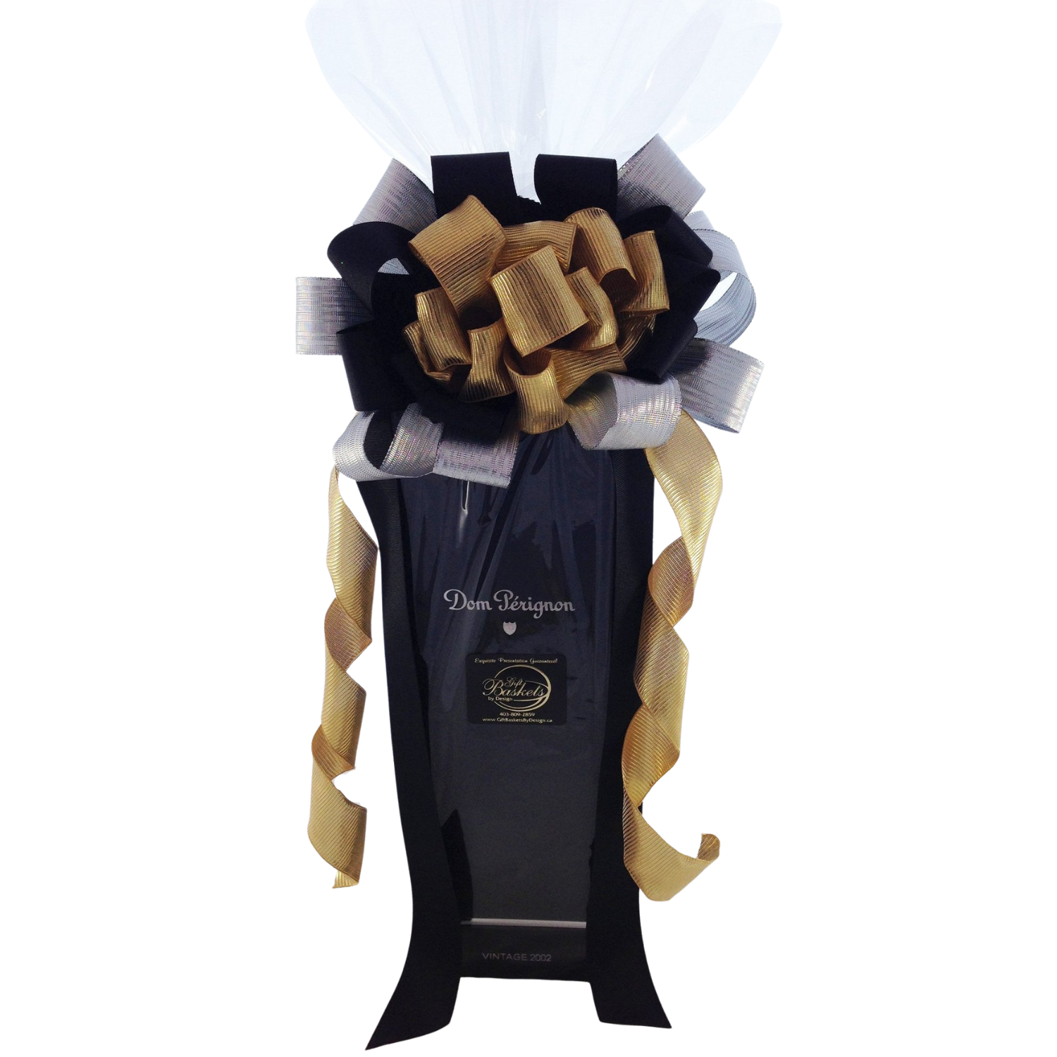 Celebrate! Champagne Gift, premium champagne bottle wrapped in clear cellophane with satin ribbons and bow.