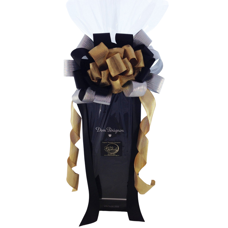 Celebrate! Champagne Gift, premium champagne bottle wrapped in clear cellophane with satin ribbons and bow.