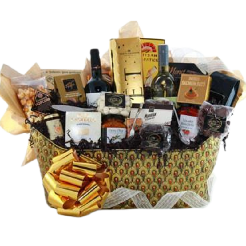 Luxury gift basket with wine, chocolates, cheese, crackers, and premium local treats arranged for Calgary gifting