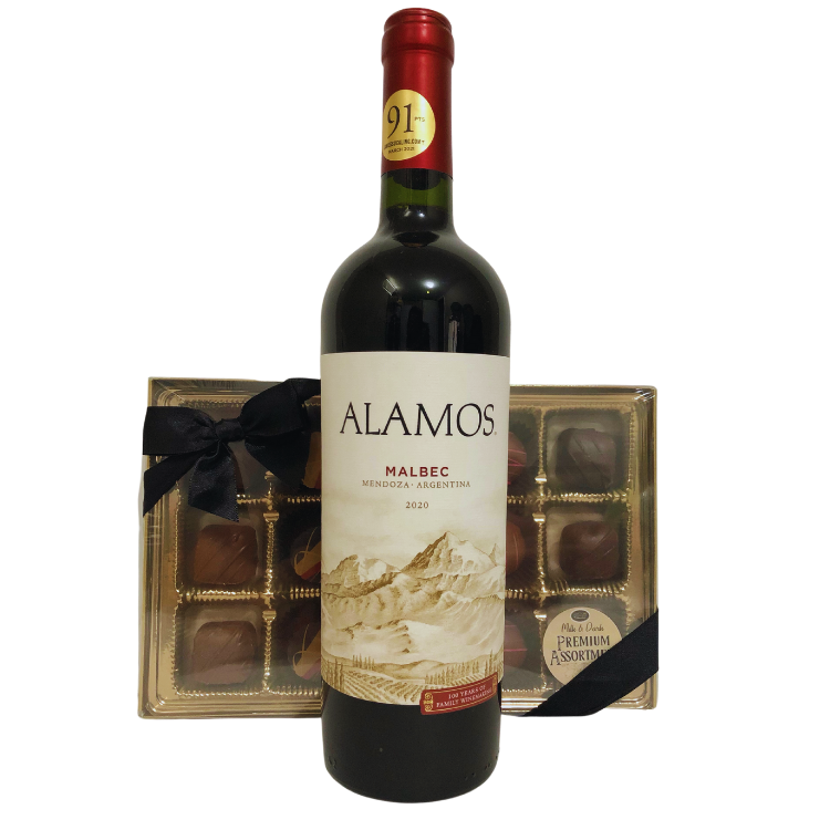 Wine and chocolates gift with premium artisan chocolate box and wine, wrapped for Calgary delivery.