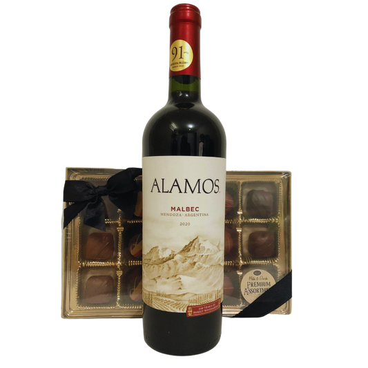 Wine and chocolates gift with premium artisan chocolate box and wine, wrapped for Calgary delivery.