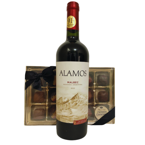 Wine and chocolates gift with premium artisan chocolate box and wine, wrapped for Calgary delivery.